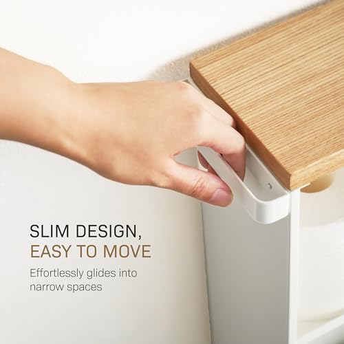 YAMAZAKI Home Slim Rolling Storage Cart – Narrow Bathroom Storage Cabinet with Handle, Slim Bathroom Storage Cart with Wheels, Easy Assembly, Steel + Wood, White, 27" - Steel -