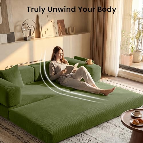78.8" Convertible Sofa Bed,Corduroy Futon Couch with Storage Pocket,Folding Pull Out Futon Sofa,No Assembly Boneless Couch for Living Room,Green
