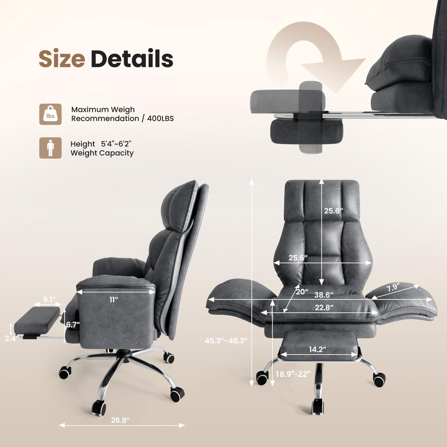 Big and Tall Office Chair, Flip Armrests for Pets & Cross Legged Sitting, Executive Ergonomic Computer Gaming Chair with Foot Rest, Premium Tech Fabric Wide Seat Reclining Desk Chair