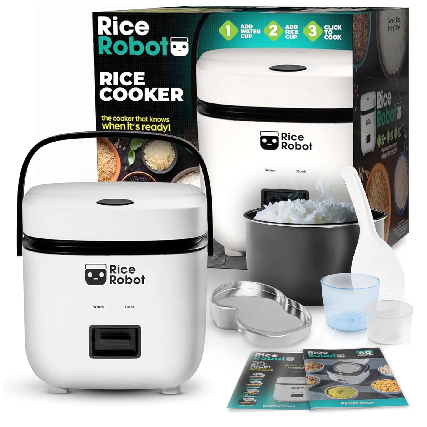🍽️ Rice Robot Personal Rice Cooker, PFAS-free, Nonstick. 1 Quart Capacity (4 Cups), with Stainless Steel Steamer Tray, Measuring Cups, Recipe Book with 60 Recipes, and Serving Spoon, As Seen On TV