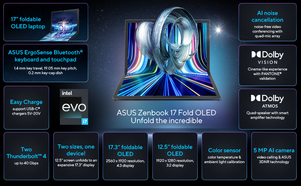 Hybrid Tablet-Laptop ASUS ZenBook 17 Fold OLED Laptop, 17.3” 4:3 Touch True Black 500 Display, Intel Evo Platform: Core i7-1250U CPU, Iris Xe Graphics, 16GB RAM, 1TB SSD, Windows 11 Pro, Tech Black, UX9702AA-XB79FT