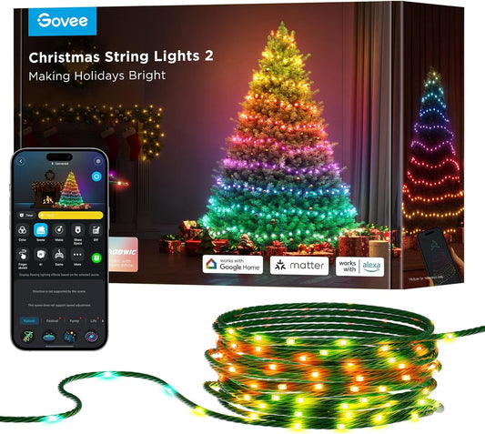 Govee Christmas Lights 2, RGBWIC 99FT 300LEDs Holiday String Lights with Shape Mapping Function, Smart LED Decoration for Indoor Outdoor Tree, 130+ Preset Scenes, Voice and APP Control, Green Wire