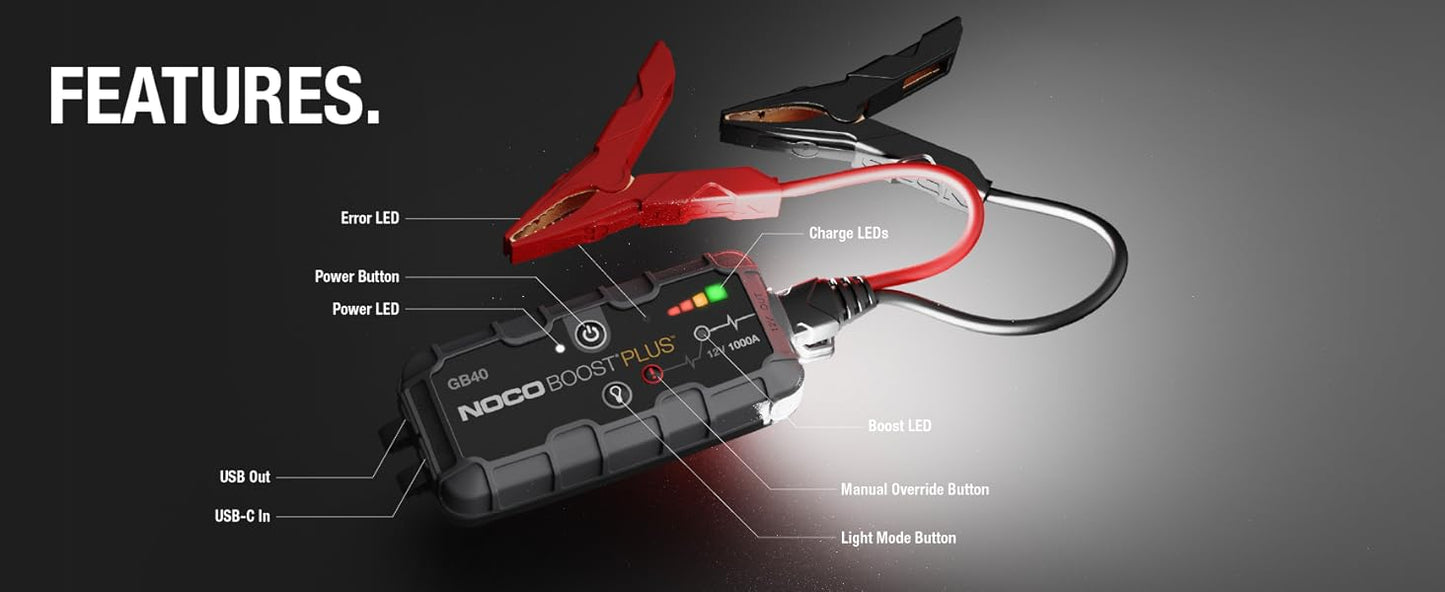 NOCO Boost GB40: 1000A UltraSafe Jump Starter – 12V Lithium Battery Booster Pack, Portable Jump Box, Power Bank & Jumper Cables - for 6.0L Gas and 3.0L Diesel Engines