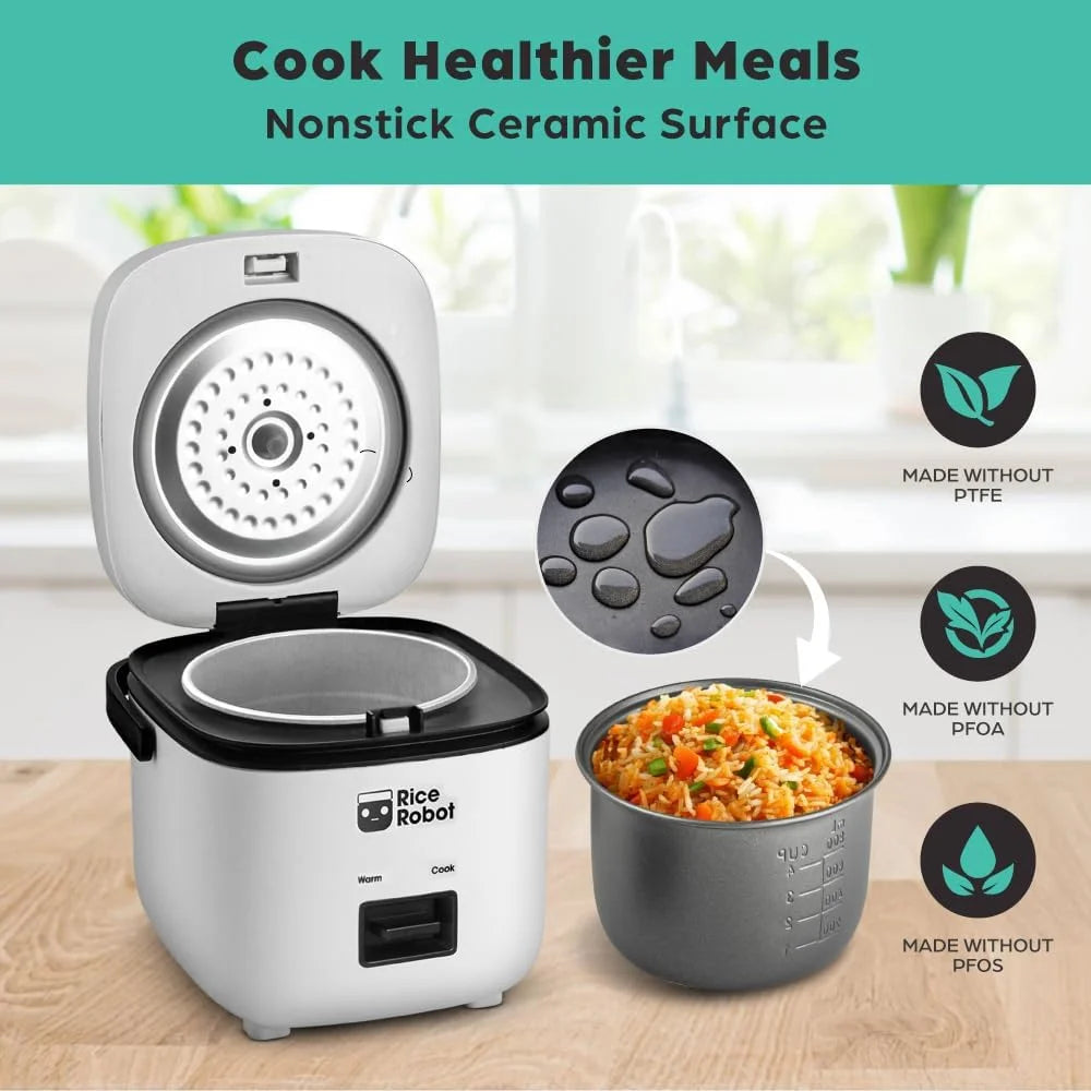 🍽️ Rice Robot Personal Rice Cooker, PFAS-free, Nonstick. 1 Quart Capacity (4 Cups), with Stainless Steel Steamer Tray, Measuring Cups, Recipe Book with 60 Recipes, and Serving Spoon, As Seen On TV