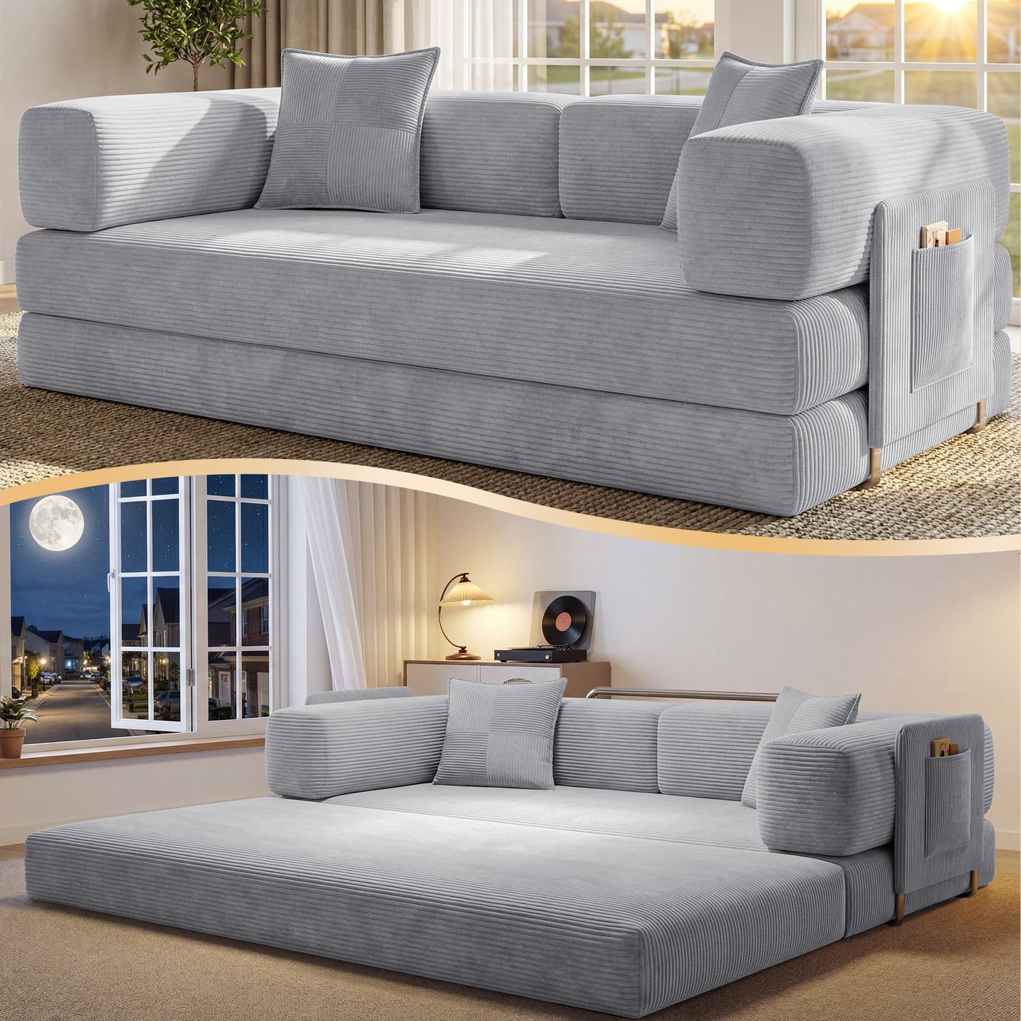 78.8" Convertible Sofa Bed,Corduroy Futon Couch with Storage Pocket,Folding Pull Out Futon Sofa,No Assembly Boneless Couch for Living Room,Green