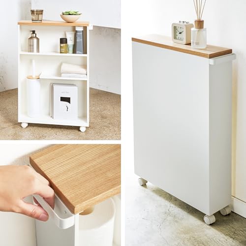 YAMAZAKI Home Slim Rolling Storage Cart – Narrow Bathroom Storage Cabinet with Handle, Slim Bathroom Storage Cart with Wheels, Easy Assembly, Steel + Wood, White, 27" - Steel -