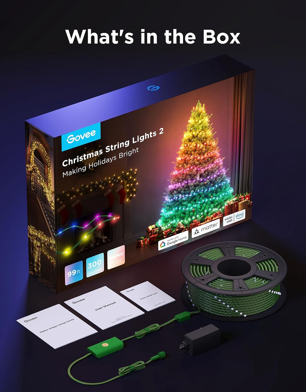 Govee Christmas Lights 2, RGBWIC 99FT 300LEDs Holiday String Lights with Shape Mapping Function, Smart LED Decoration for Indoor Outdoor Tree, 130+ Preset Scenes, Voice and APP Control, Green Wire