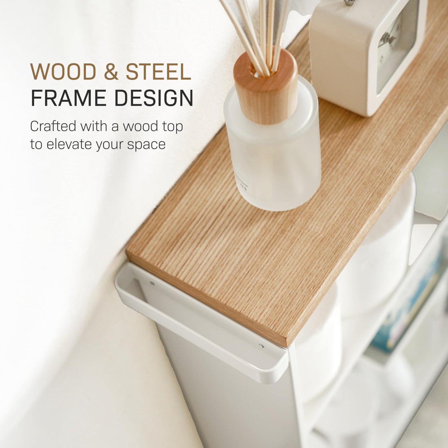 YAMAZAKI Home Slim Rolling Storage Cart – Narrow Bathroom Storage Cabinet with Handle, Slim Bathroom Storage Cart with Wheels, Easy Assembly, Steel + Wood, White, 27" - Steel -