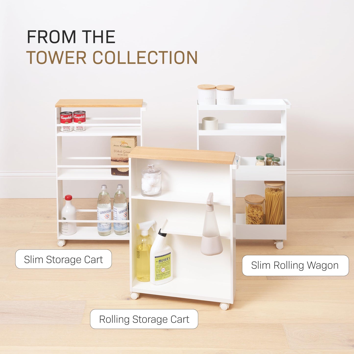 YAMAZAKI Home Slim Rolling Storage Cart – Narrow Bathroom Storage Cabinet with Handle, Slim Bathroom Storage Cart with Wheels, Easy Assembly, Steel + Wood, White, 27" - Steel -