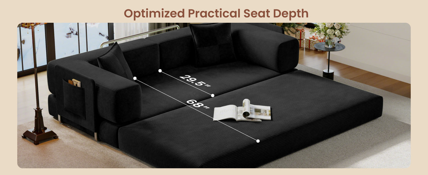 78.8" Convertible Sofa Bed,Corduroy Futon Couch with Storage Pocket,Folding Pull Out Futon Sofa,No Assembly Boneless Couch for Living Room,Green