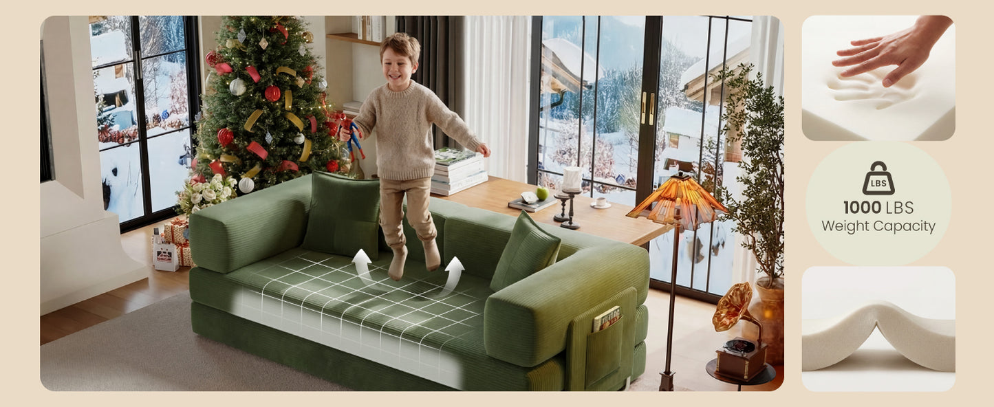 78.8" Convertible Sofa Bed,Corduroy Futon Couch with Storage Pocket,Folding Pull Out Futon Sofa,No Assembly Boneless Couch for Living Room,Green