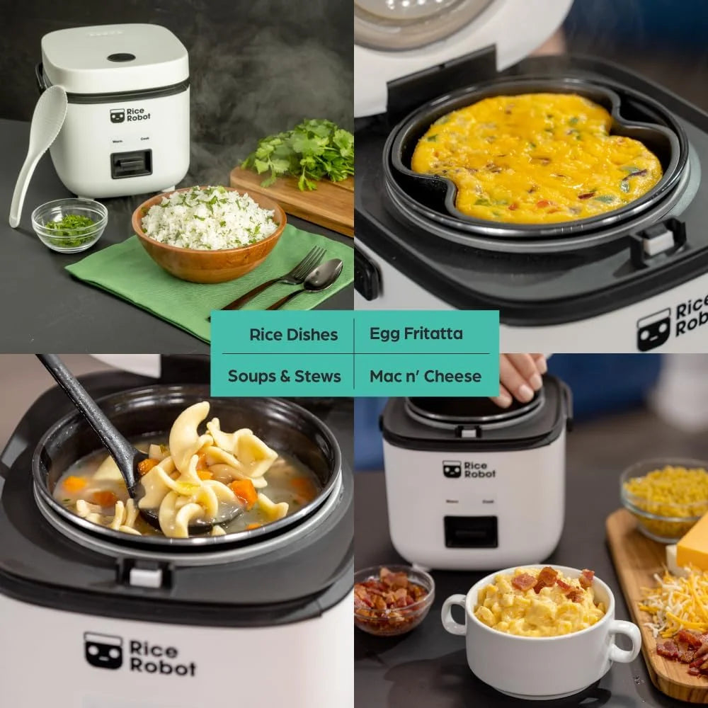 🍽️ Rice Robot Personal Rice Cooker, PFAS-free, Nonstick. 1 Quart Capacity (4 Cups), with Stainless Steel Steamer Tray, Measuring Cups, Recipe Book with 60 Recipes, and Serving Spoon, As Seen On TV