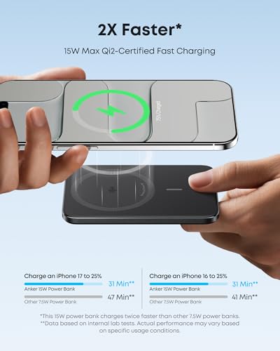 Anker Nano Power Bank, Ultra-Slim 5,000mAh Magnetic Wireless Charging Battery, Qi2 Certified 15W Max MagSafe-Compatible Portable Charger, Ergonomic Design, for iPhone Air/17/16 Series