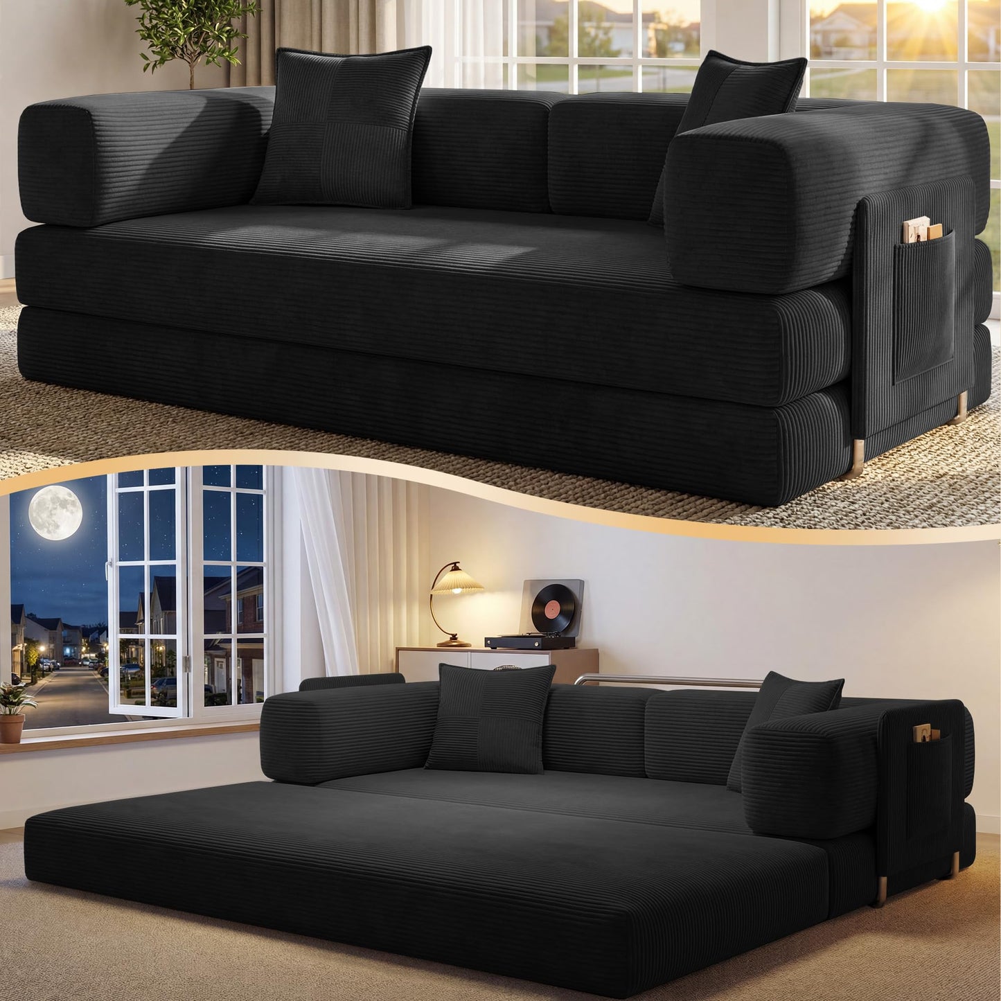 78.8" Convertible Sofa Bed,Corduroy Futon Couch with Storage Pocket,Folding Pull Out Futon Sofa,No Assembly Boneless Couch for Living Room,Green