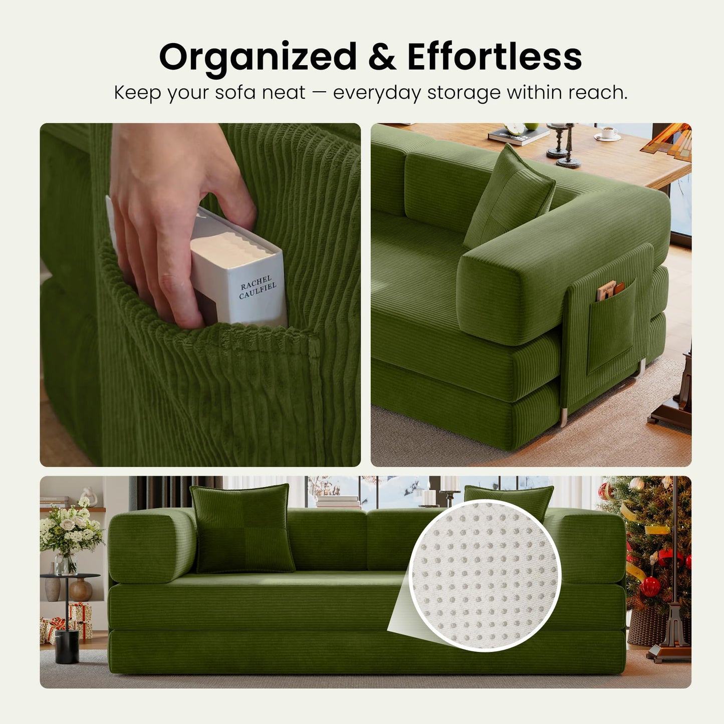 78.8" Convertible Sofa Bed,Corduroy Futon Couch with Storage Pocket,Folding Pull Out Futon Sofa,No Assembly Boneless Couch for Living Room,Green