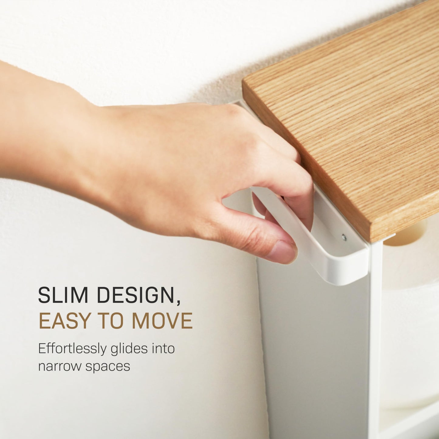 YAMAZAKI Home Slim Rolling Storage Cart – Narrow Bathroom Storage Cabinet with Handle, Slim Bathroom Storage Cart with Wheels, Easy Assembly, Steel + Wood, White, 27" - Steel -